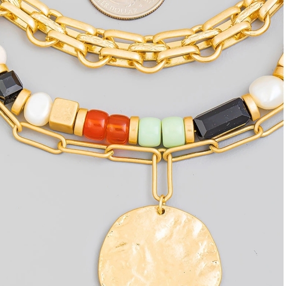 Hammered Disc Layered Bead Chain Necklace - Picture 3 of 3